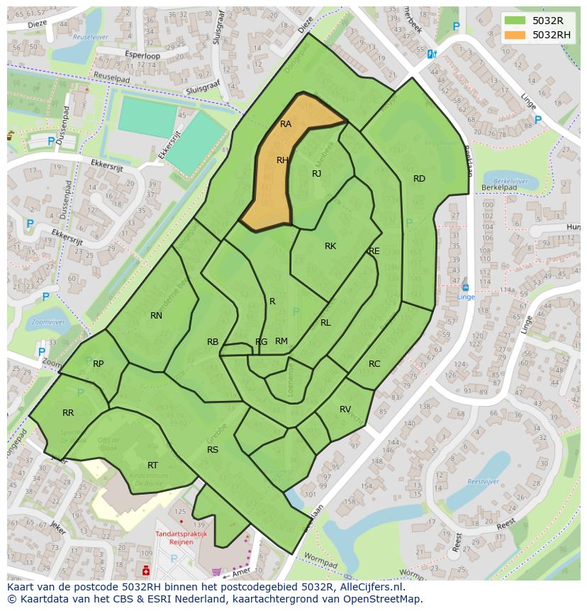 Afbeelding van het postcodegebied 5032 RH op de kaart.