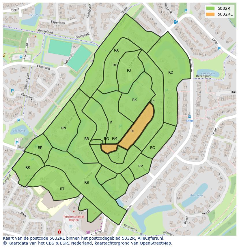 Afbeelding van het postcodegebied 5032 RL op de kaart.