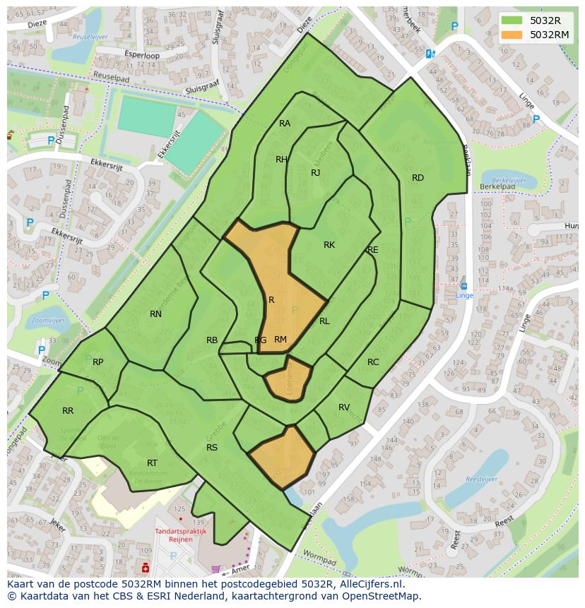 Afbeelding van het postcodegebied 5032 RM op de kaart.