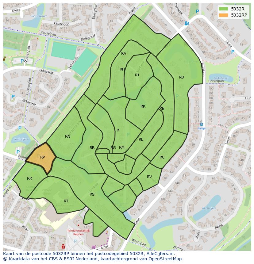 Afbeelding van het postcodegebied 5032 RP op de kaart.