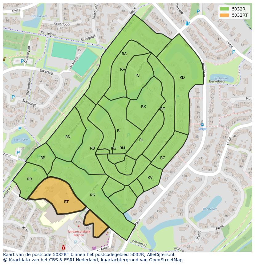 Afbeelding van het postcodegebied 5032 RT op de kaart.