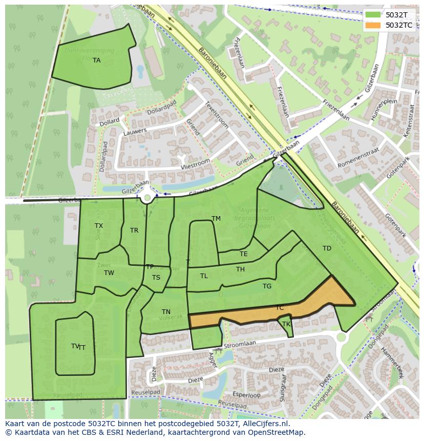 Afbeelding van het postcodegebied 5032 TC op de kaart.