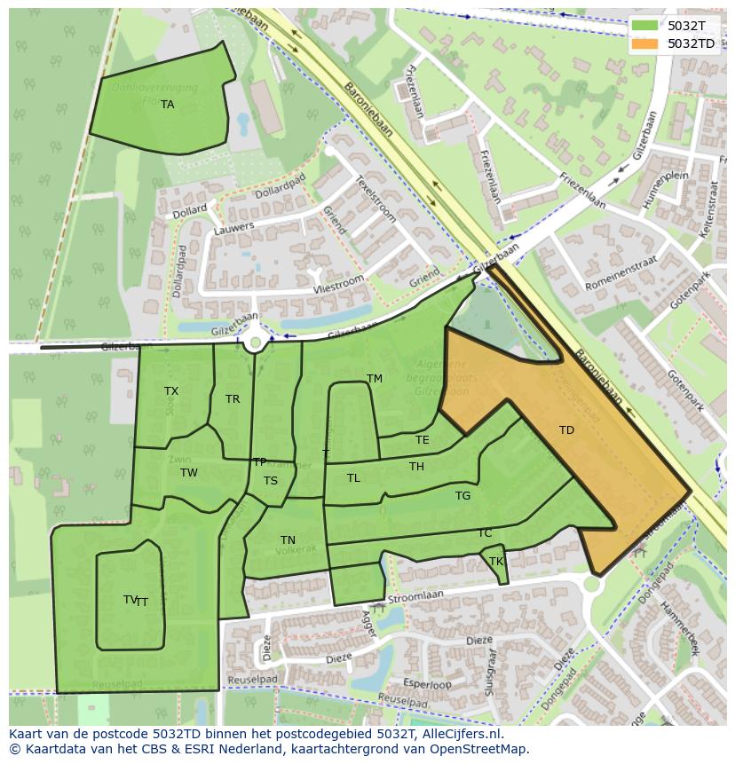 Afbeelding van het postcodegebied 5032 TD op de kaart.