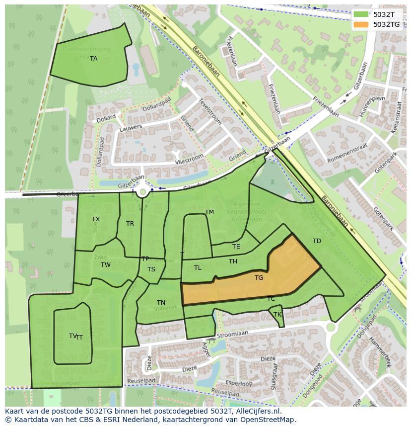 Afbeelding van het postcodegebied 5032 TG op de kaart.