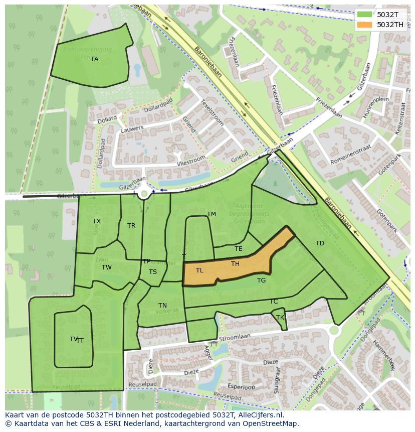 Afbeelding van het postcodegebied 5032 TH op de kaart.