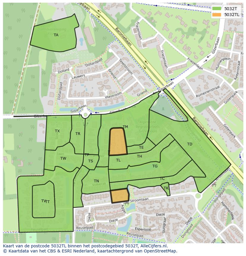 Afbeelding van het postcodegebied 5032 TL op de kaart.