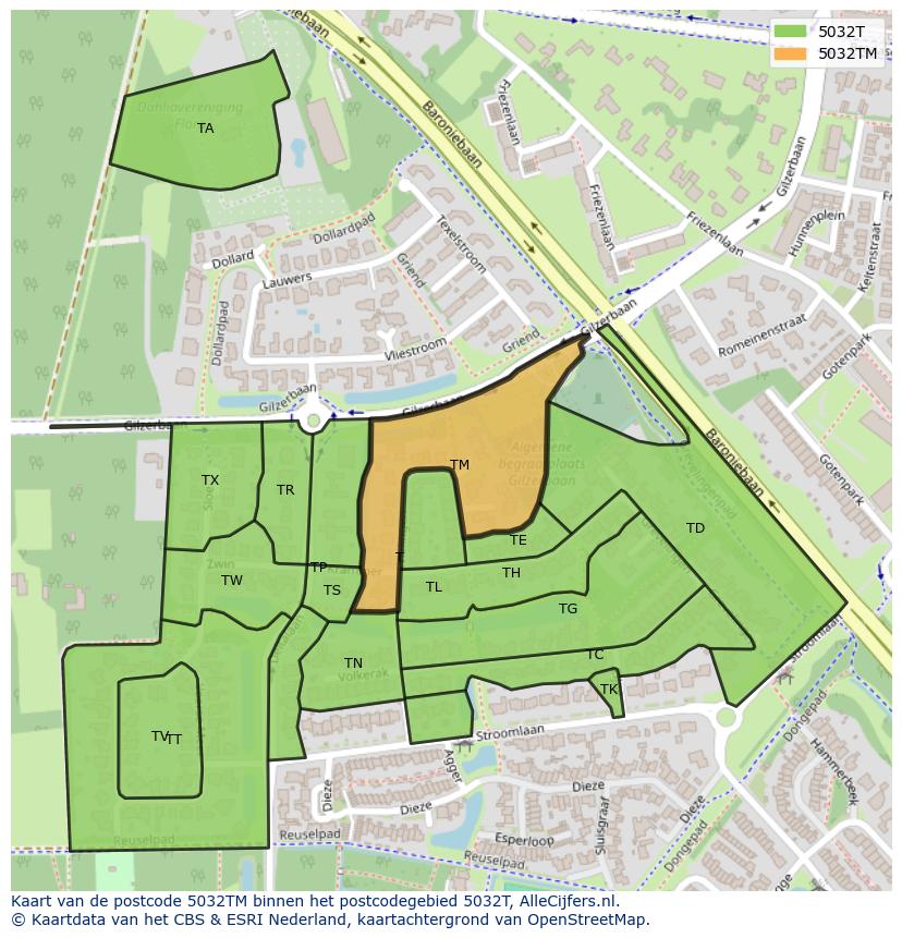 Afbeelding van het postcodegebied 5032 TM op de kaart.