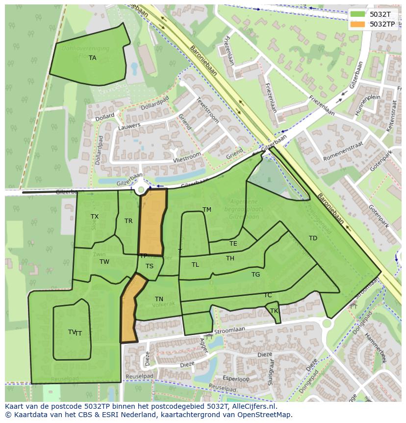 Afbeelding van het postcodegebied 5032 TP op de kaart.