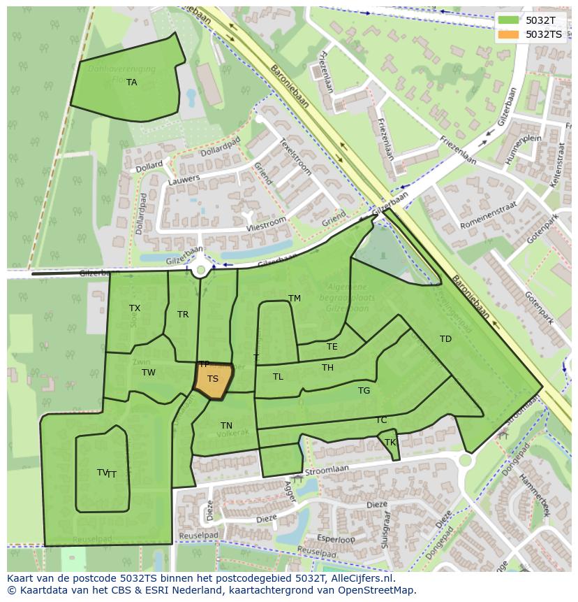 Afbeelding van het postcodegebied 5032 TS op de kaart.