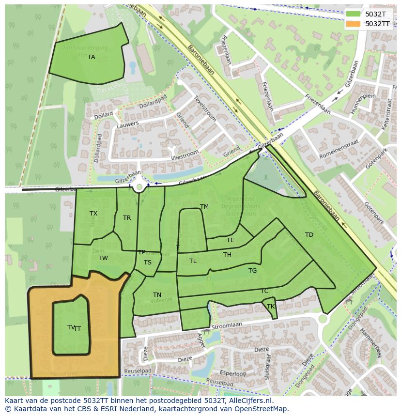 Afbeelding van het postcodegebied 5032 TT op de kaart.