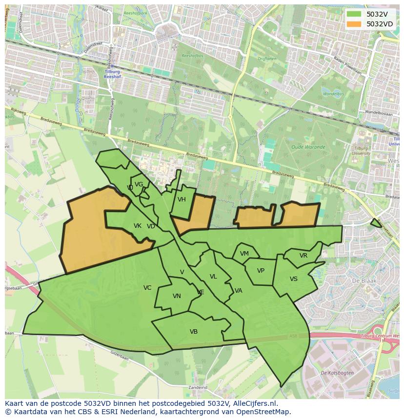 Afbeelding van het postcodegebied 5032 VD op de kaart.