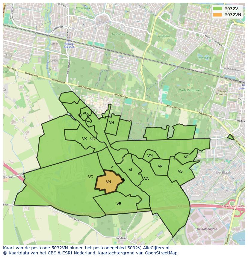 Afbeelding van het postcodegebied 5032 VN op de kaart.