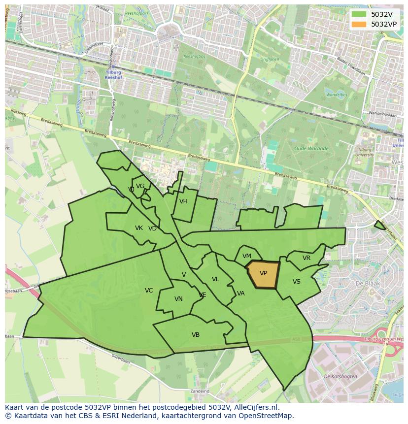 Afbeelding van het postcodegebied 5032 VP op de kaart.