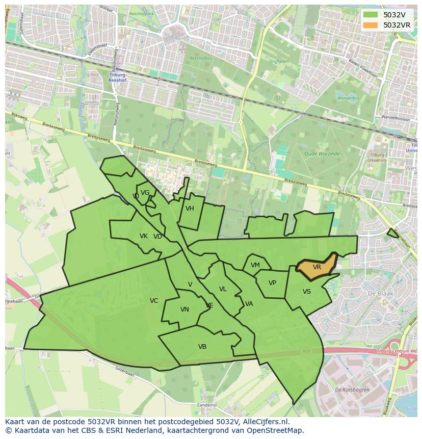 Afbeelding van het postcodegebied 5032 VR op de kaart.