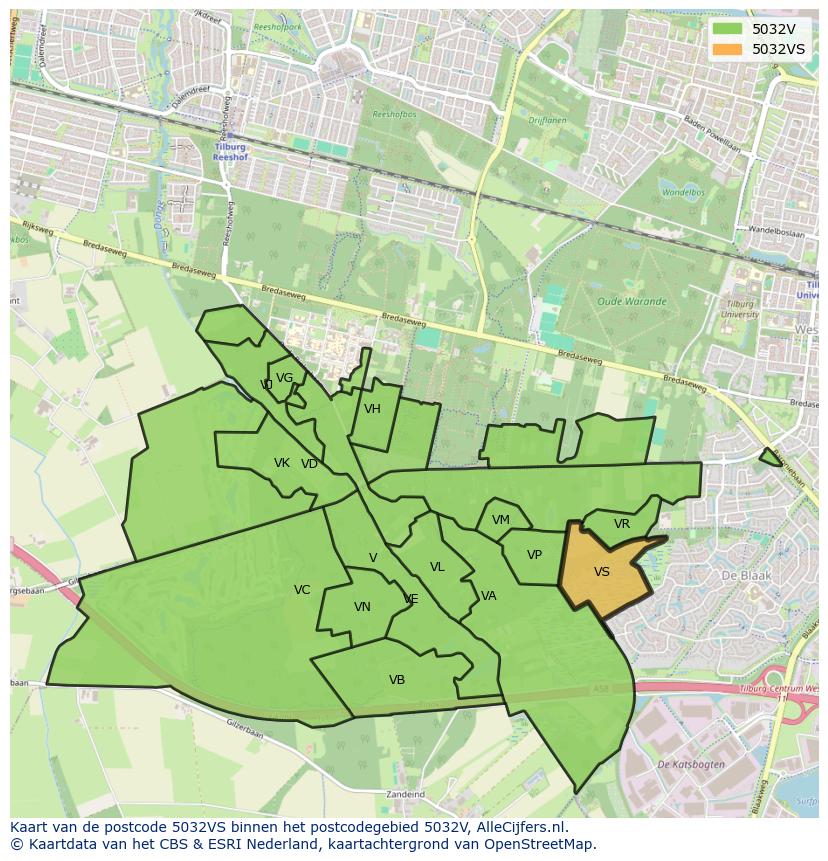 Afbeelding van het postcodegebied 5032 VS op de kaart.