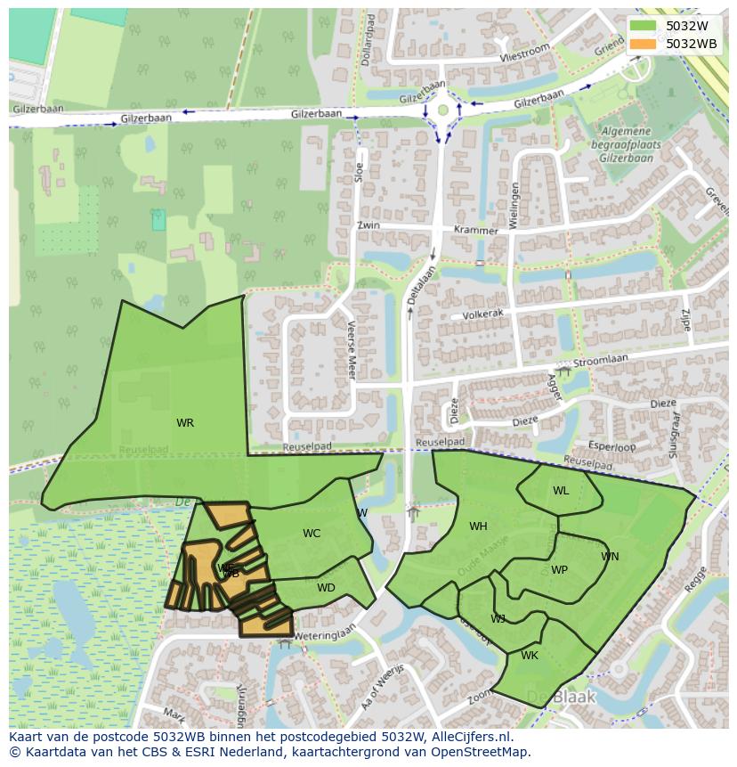 Afbeelding van het postcodegebied 5032 WB op de kaart.