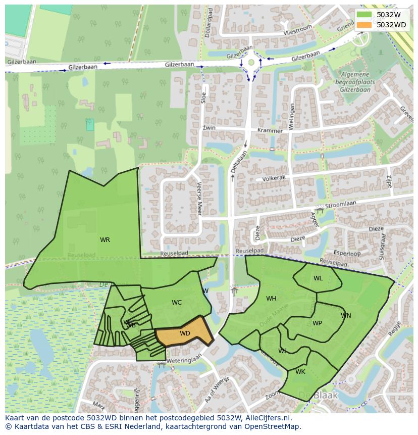 Afbeelding van het postcodegebied 5032 WD op de kaart.