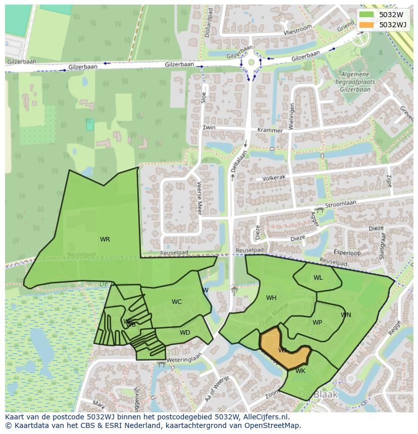 Afbeelding van het postcodegebied 5032 WJ op de kaart.