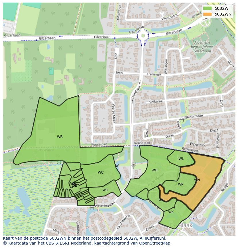 Afbeelding van het postcodegebied 5032 WN op de kaart.