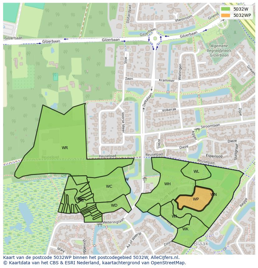 Afbeelding van het postcodegebied 5032 WP op de kaart.