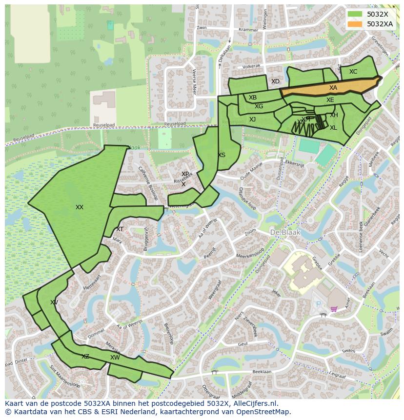 Afbeelding van het postcodegebied 5032 XA op de kaart.