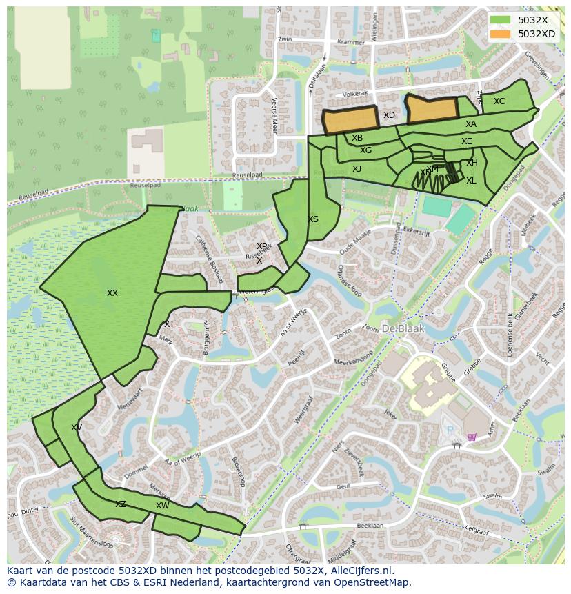 Afbeelding van het postcodegebied 5032 XD op de kaart.