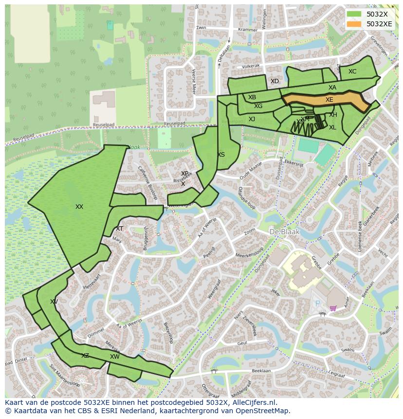 Afbeelding van het postcodegebied 5032 XE op de kaart.