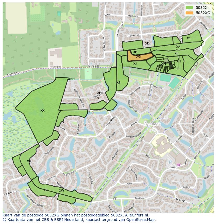 Afbeelding van het postcodegebied 5032 XG op de kaart.