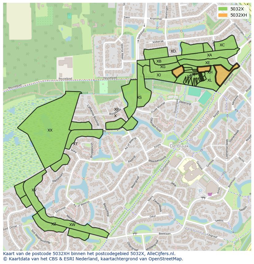 Afbeelding van het postcodegebied 5032 XH op de kaart.