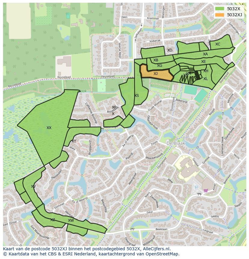Afbeelding van het postcodegebied 5032 XJ op de kaart.