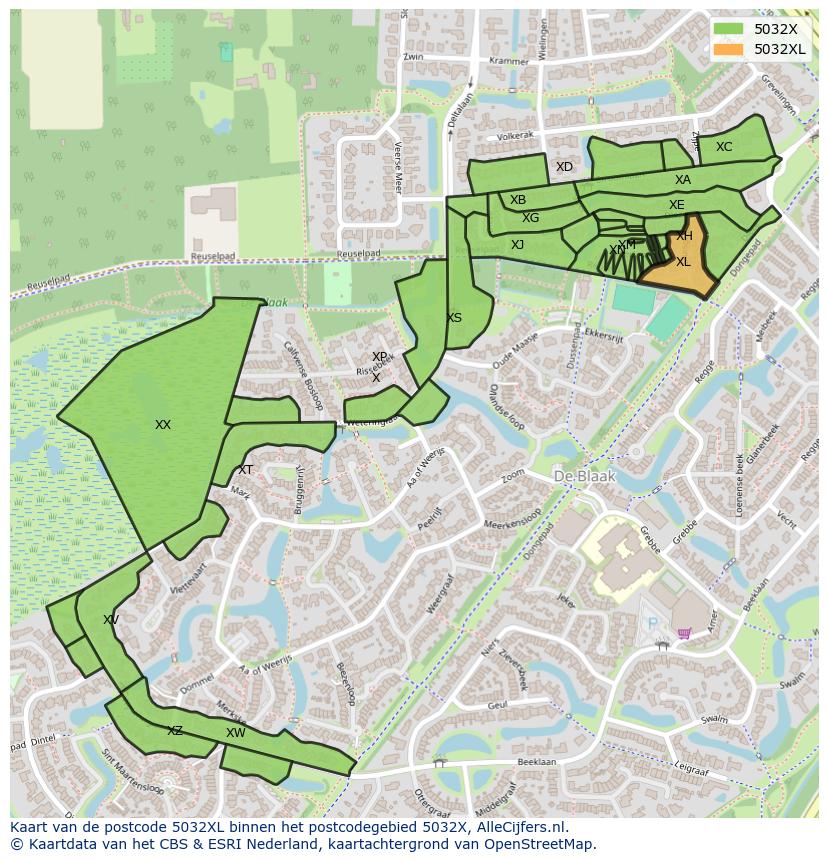 Afbeelding van het postcodegebied 5032 XL op de kaart.