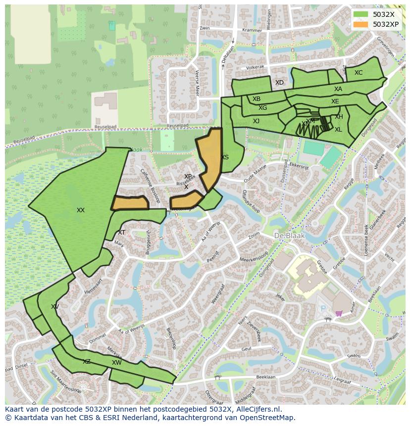 Afbeelding van het postcodegebied 5032 XP op de kaart.