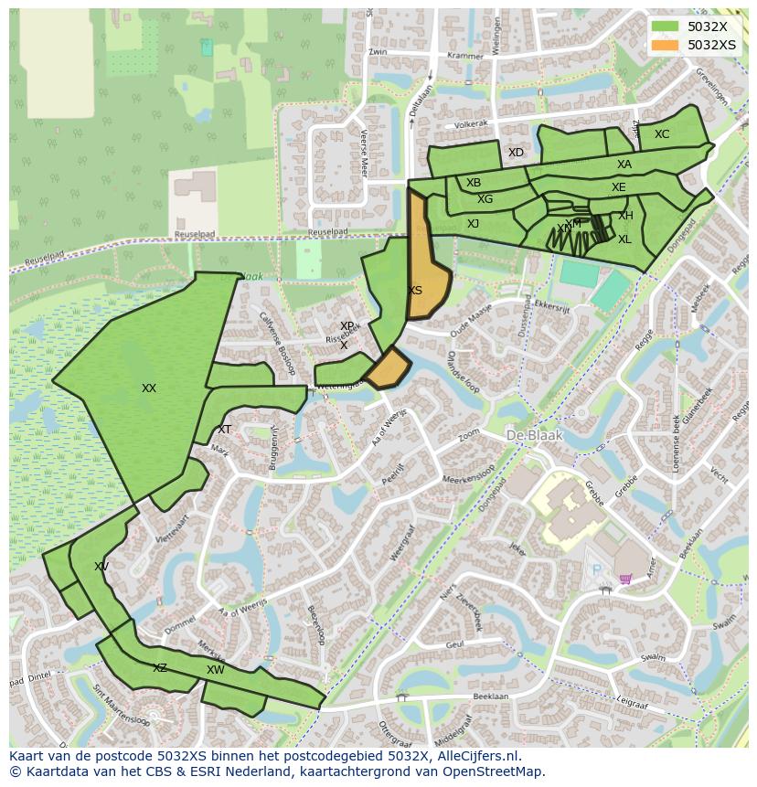 Afbeelding van het postcodegebied 5032 XS op de kaart.