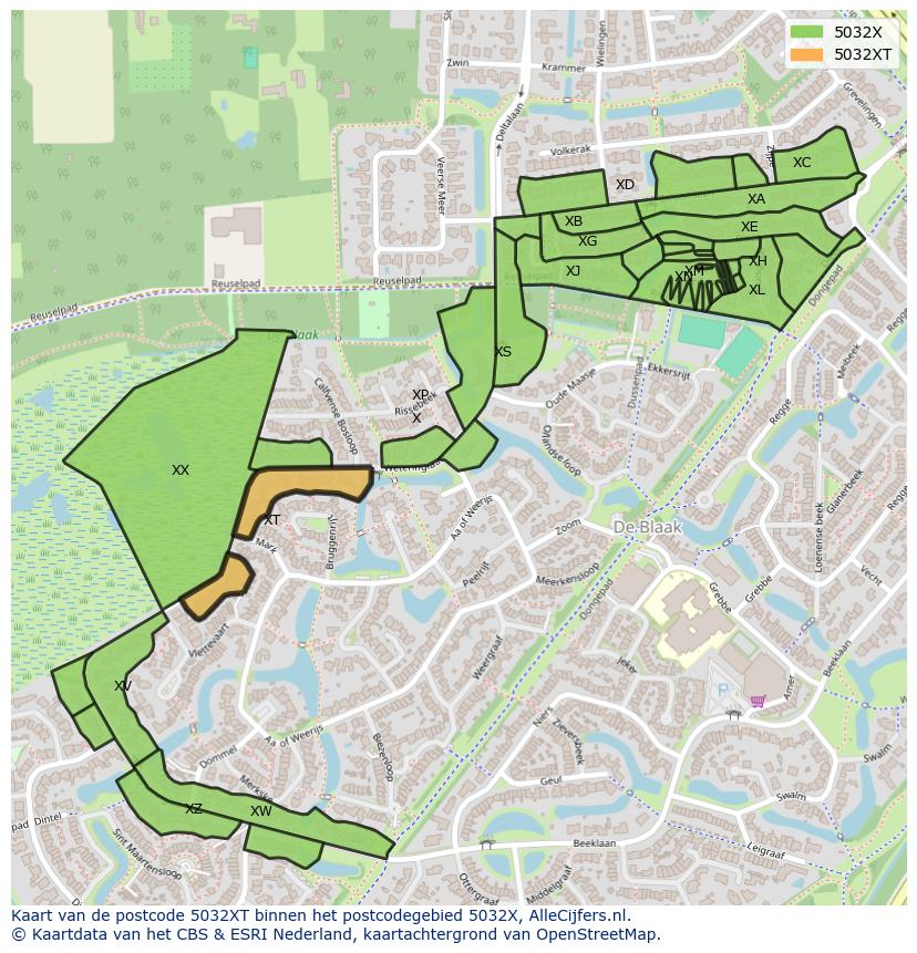 Afbeelding van het postcodegebied 5032 XT op de kaart.