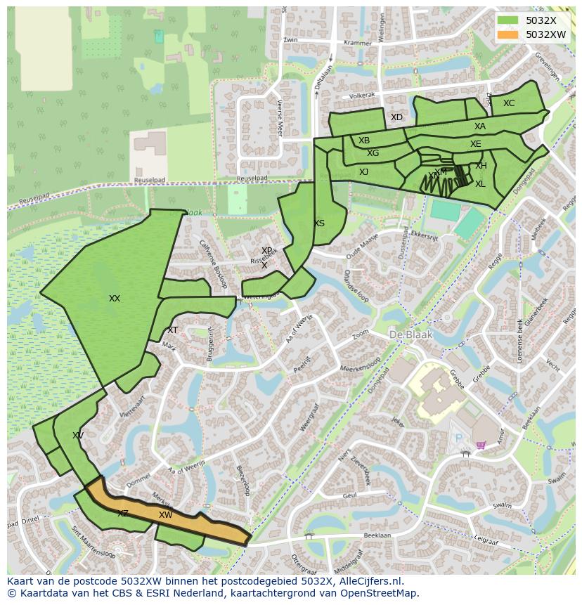 Afbeelding van het postcodegebied 5032 XW op de kaart.