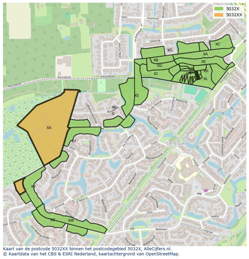 Afbeelding van het postcodegebied 5032 XX op de kaart.
