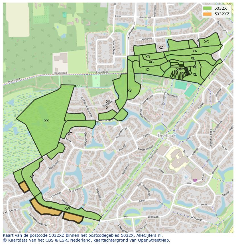 Afbeelding van het postcodegebied 5032 XZ op de kaart.