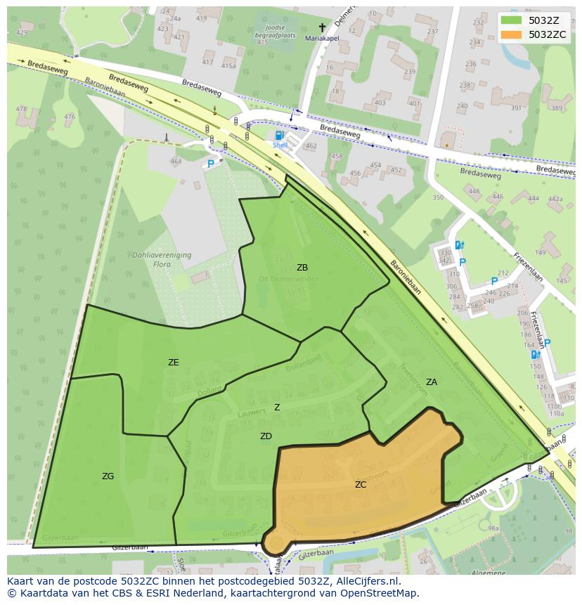 Afbeelding van het postcodegebied 5032 ZC op de kaart.