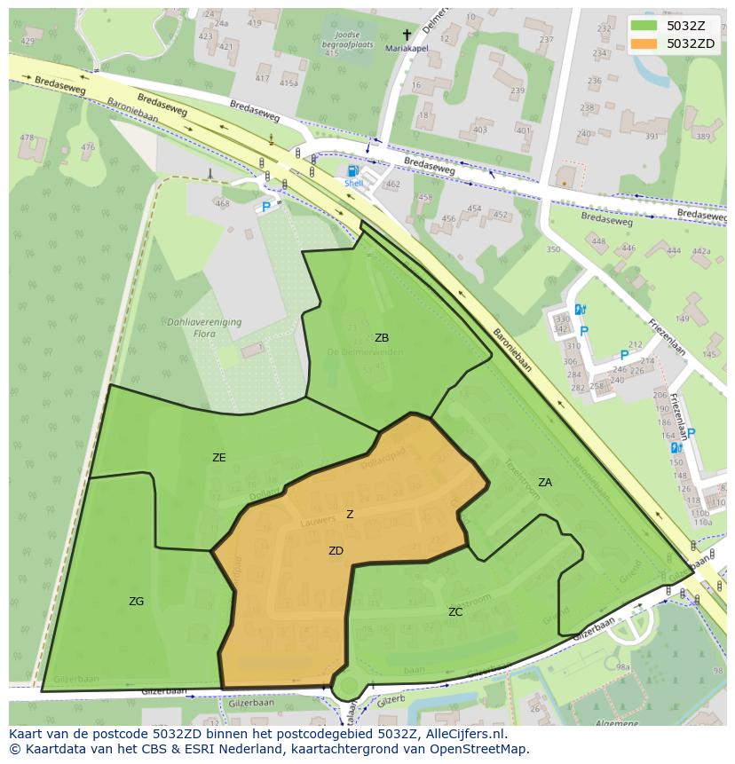 Afbeelding van het postcodegebied 5032 ZD op de kaart.