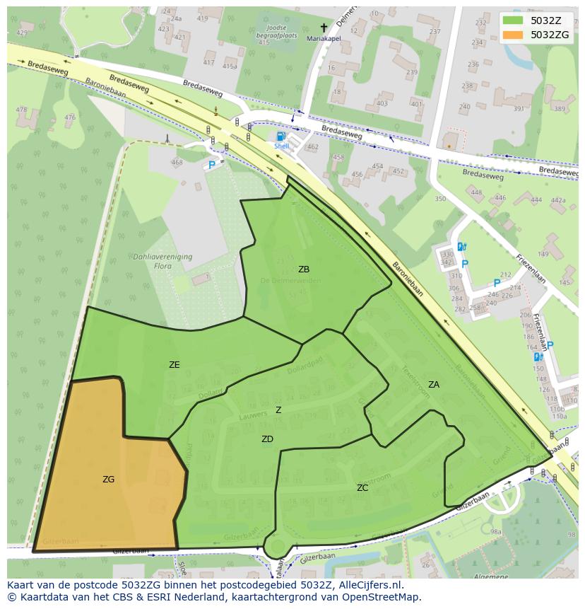 Afbeelding van het postcodegebied 5032 ZG op de kaart.