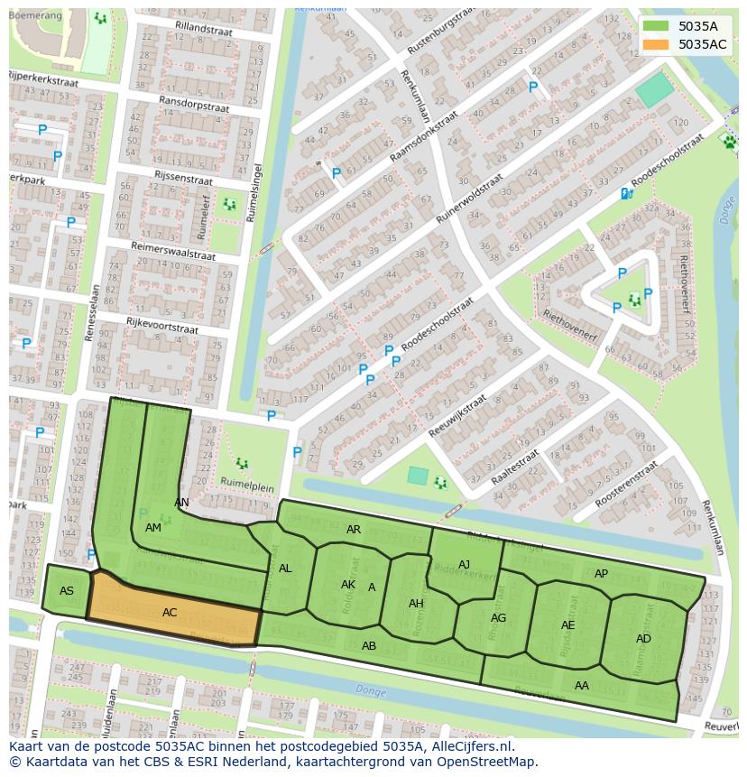 Afbeelding van het postcodegebied 5035 AC op de kaart.