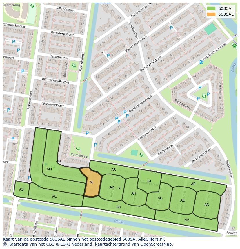 Afbeelding van het postcodegebied 5035 AL op de kaart.