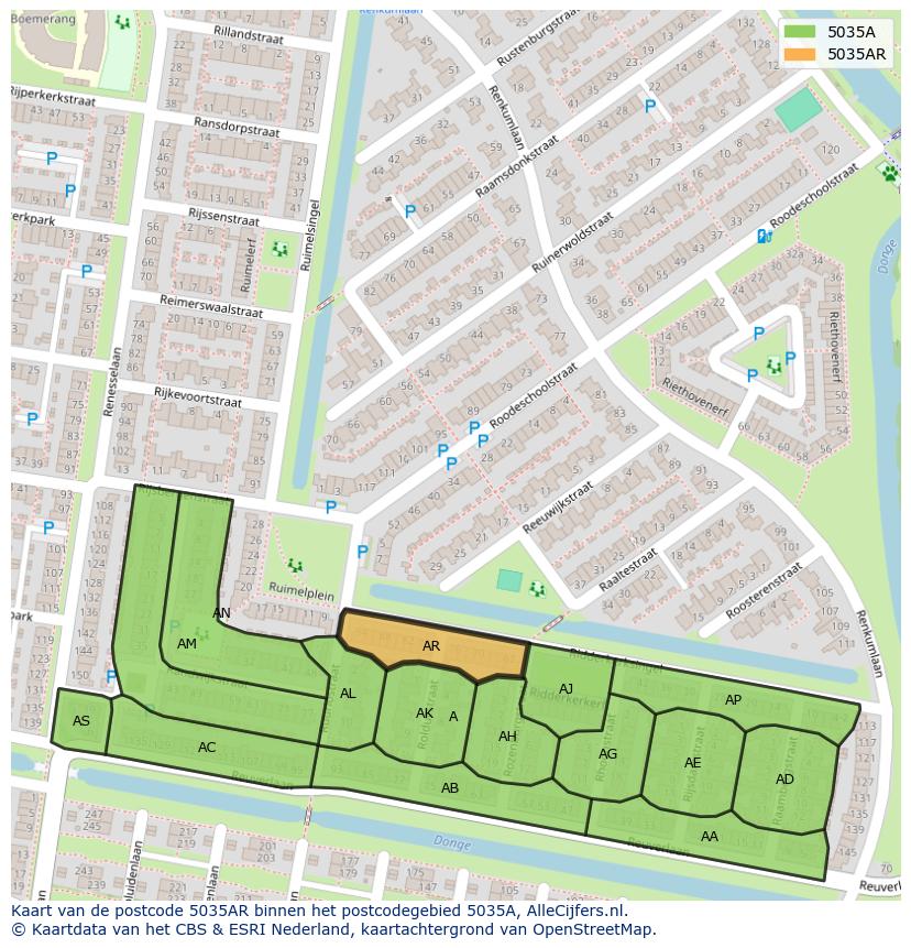 Afbeelding van het postcodegebied 5035 AR op de kaart.