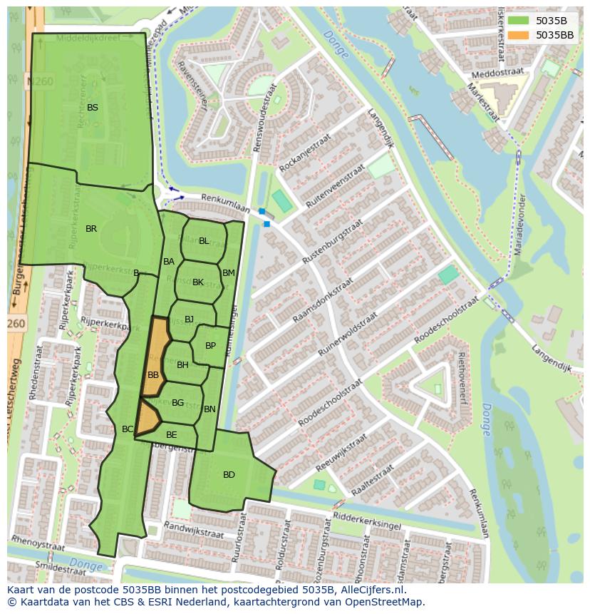 Afbeelding van het postcodegebied 5035 BB op de kaart.