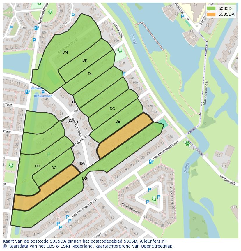 Afbeelding van het postcodegebied 5035 DA op de kaart.