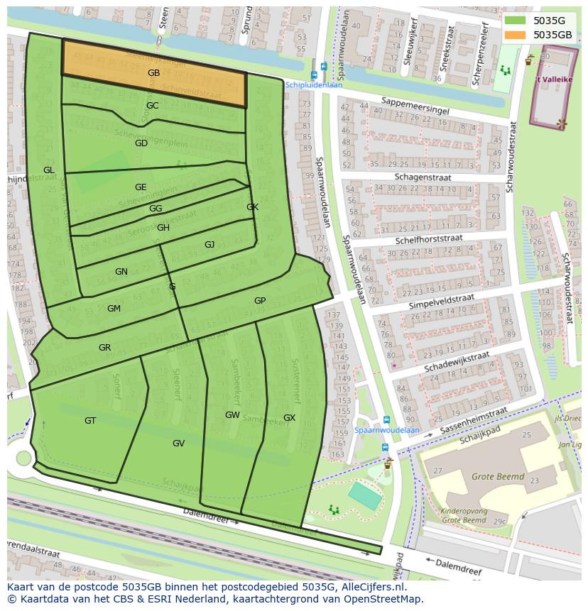 Afbeelding van het postcodegebied 5035 GB op de kaart.