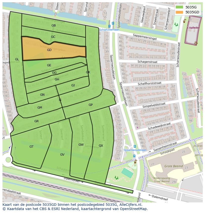 Afbeelding van het postcodegebied 5035 GD op de kaart.