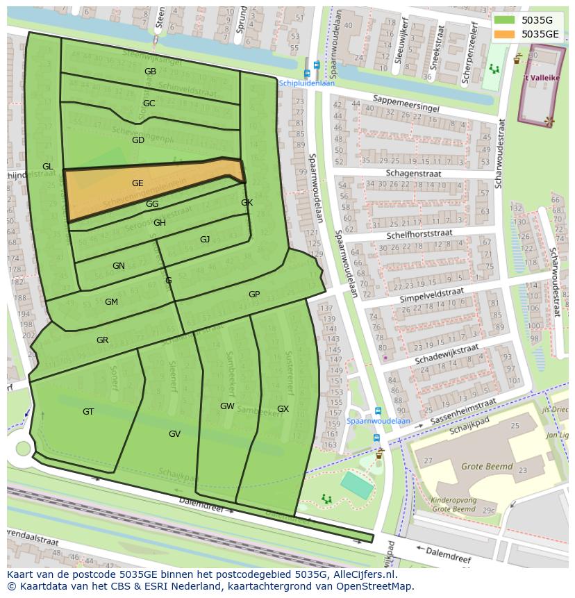 Afbeelding van het postcodegebied 5035 GE op de kaart.
