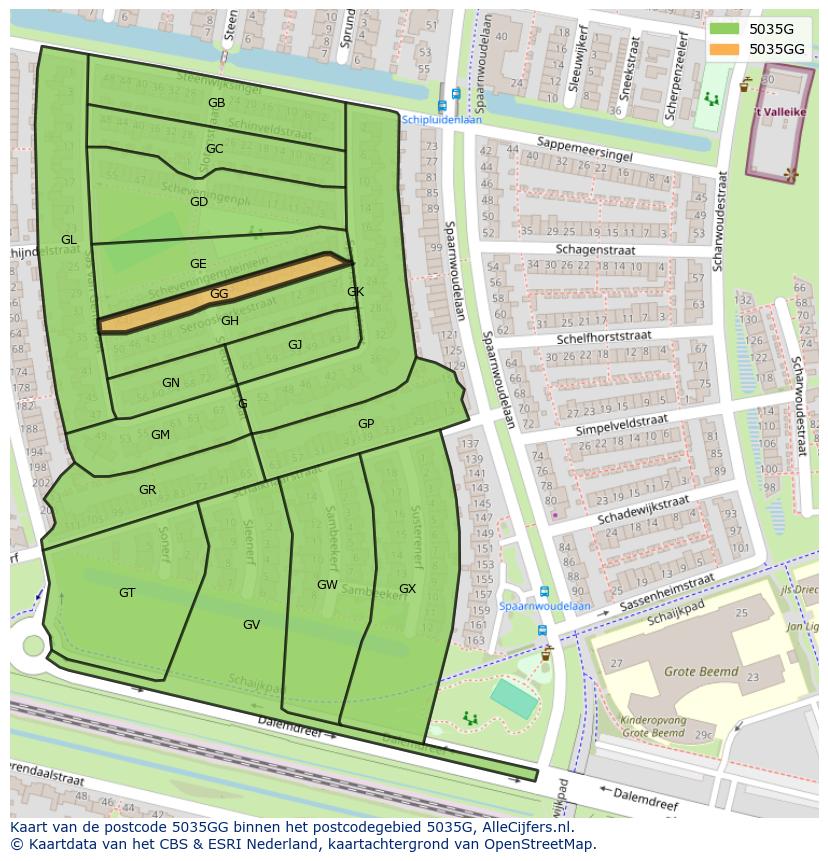 Afbeelding van het postcodegebied 5035 GG op de kaart.