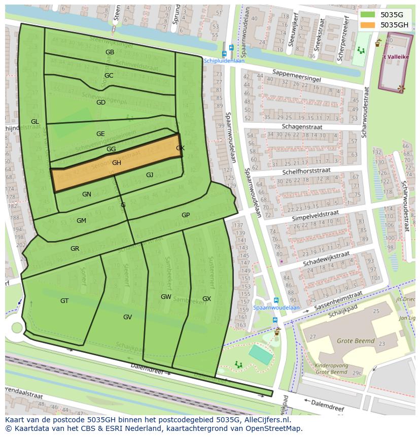 Afbeelding van het postcodegebied 5035 GH op de kaart.